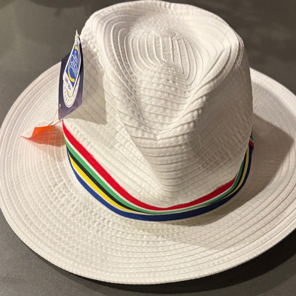 Wallaroo hamilton adjustable L/XL White Fedora Hat with Multicolor Band new